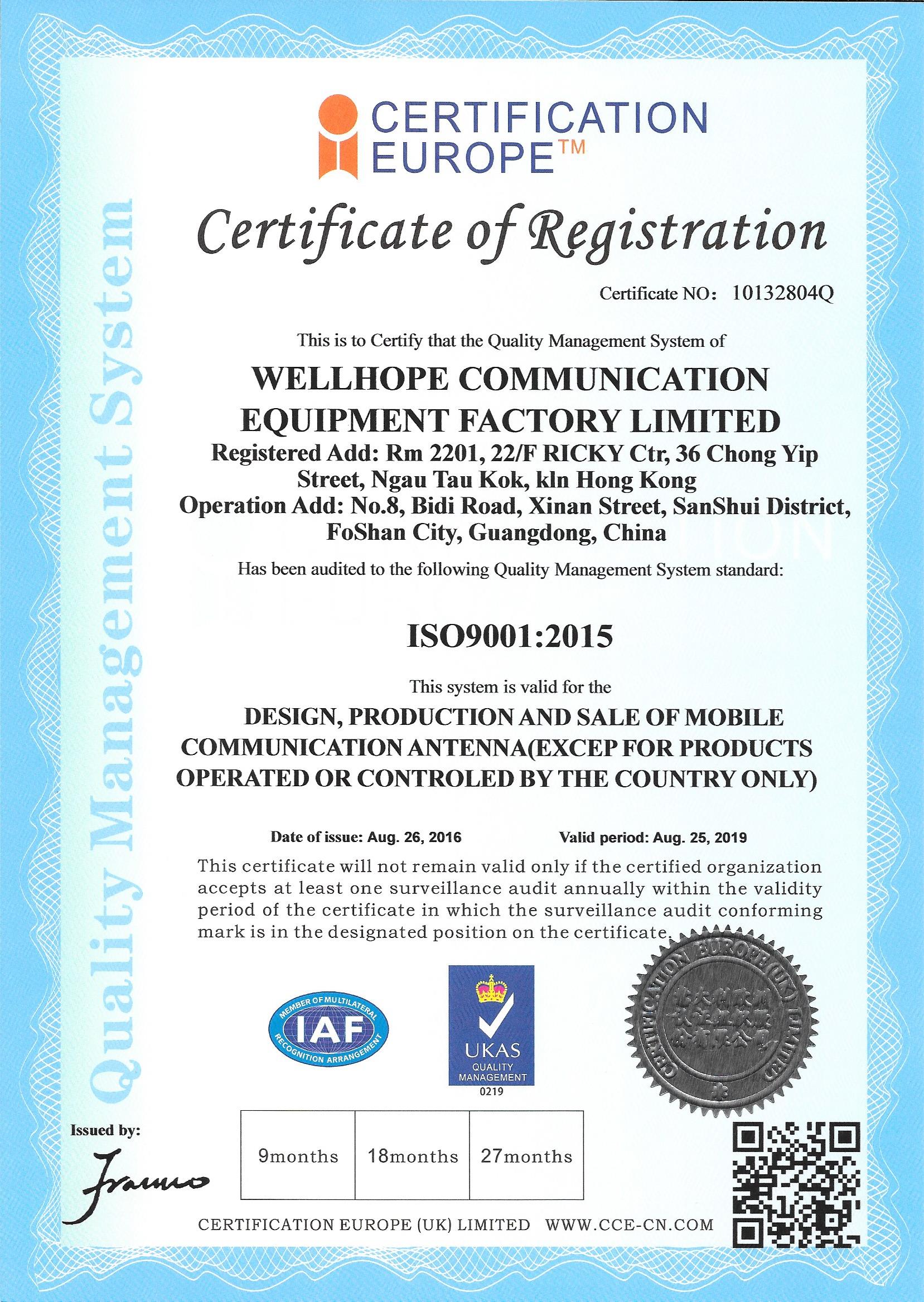  Wellhope Bezdrátová schválení podle ISO9001 